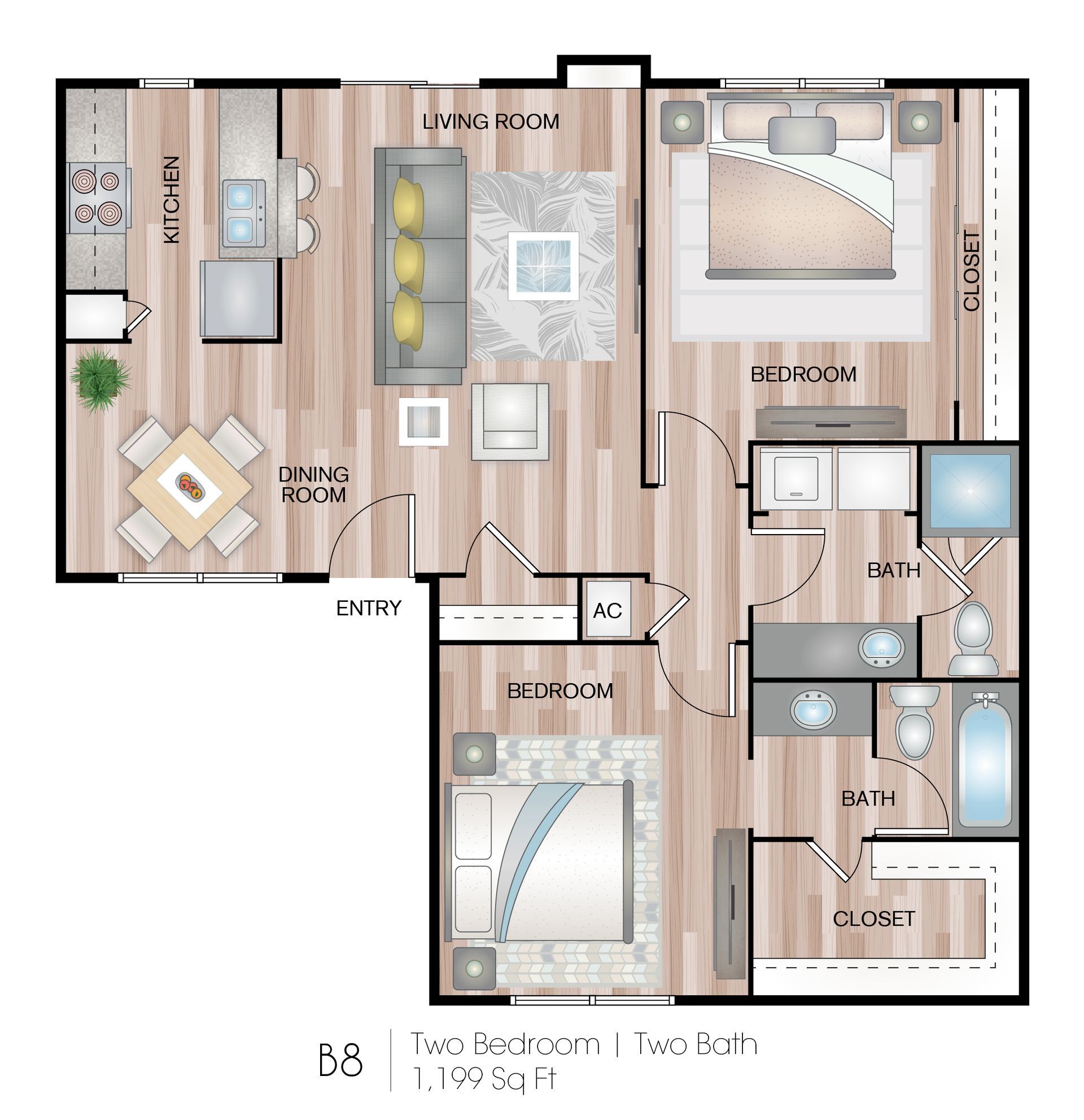 Floor plan of a two-bedroom apartment. Includes kitchen, dining, living room, bedrooms, bathrooms, and closets.