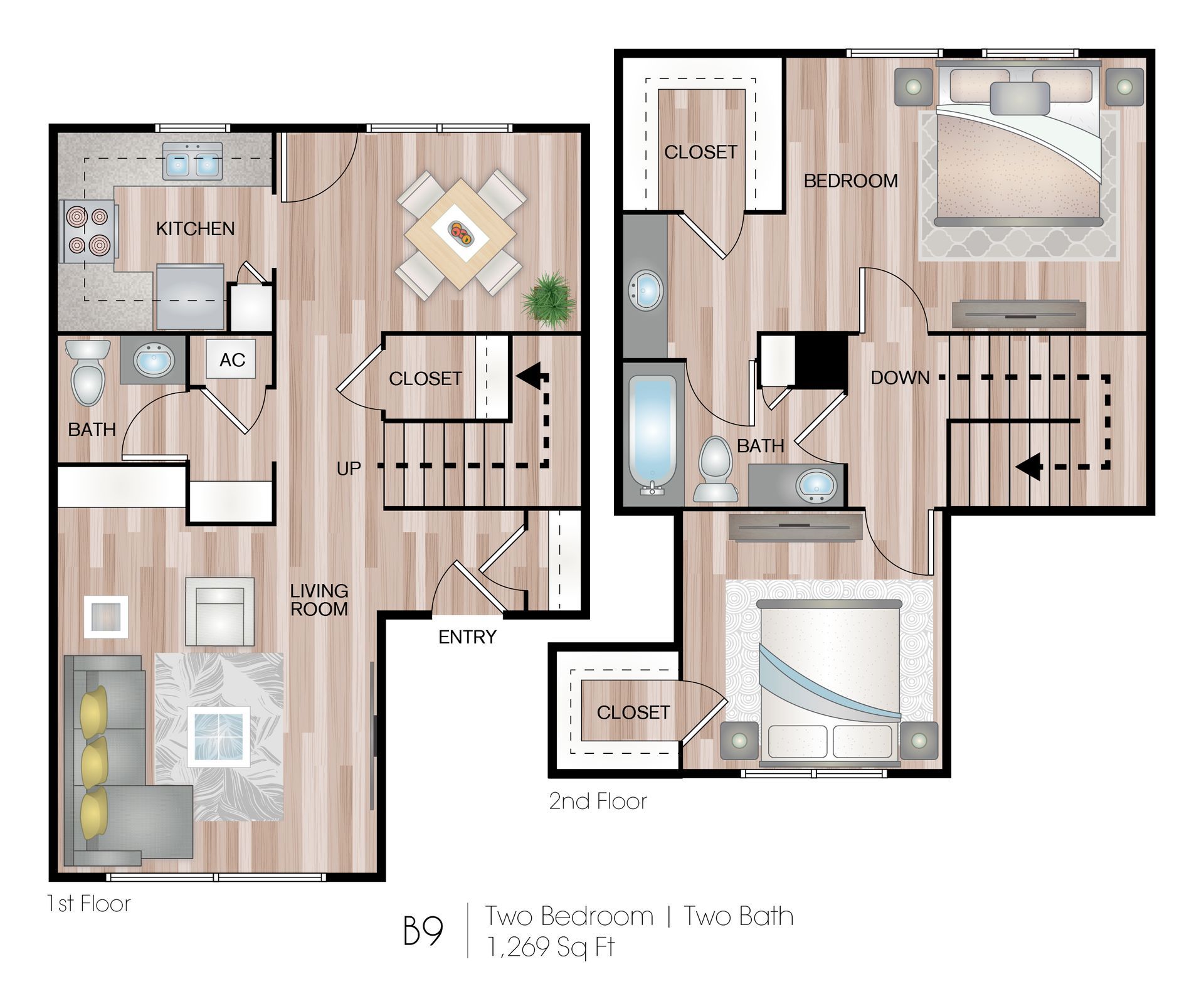 Floor plan of a two-story home with a kitchen, living room, bedrooms, and bathrooms.