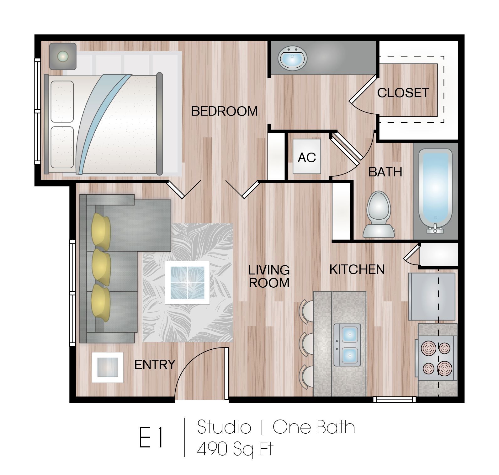 Floor plan of a one-bedroom apartment with a bedroom, living room, kitchen, and bathroom.