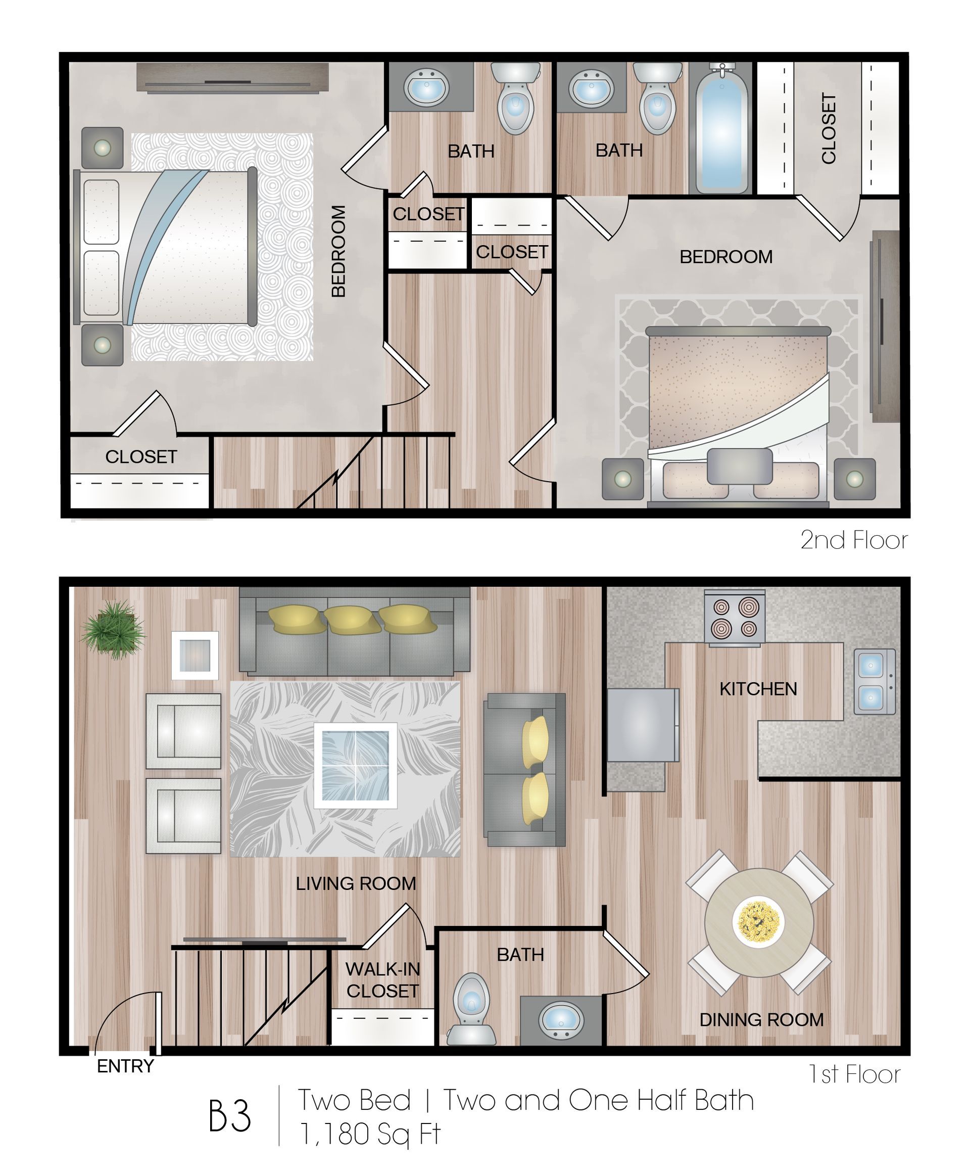 Floor plan of a two-story apartment, showing bedroom, bathroom, kitchen, and living areas.
