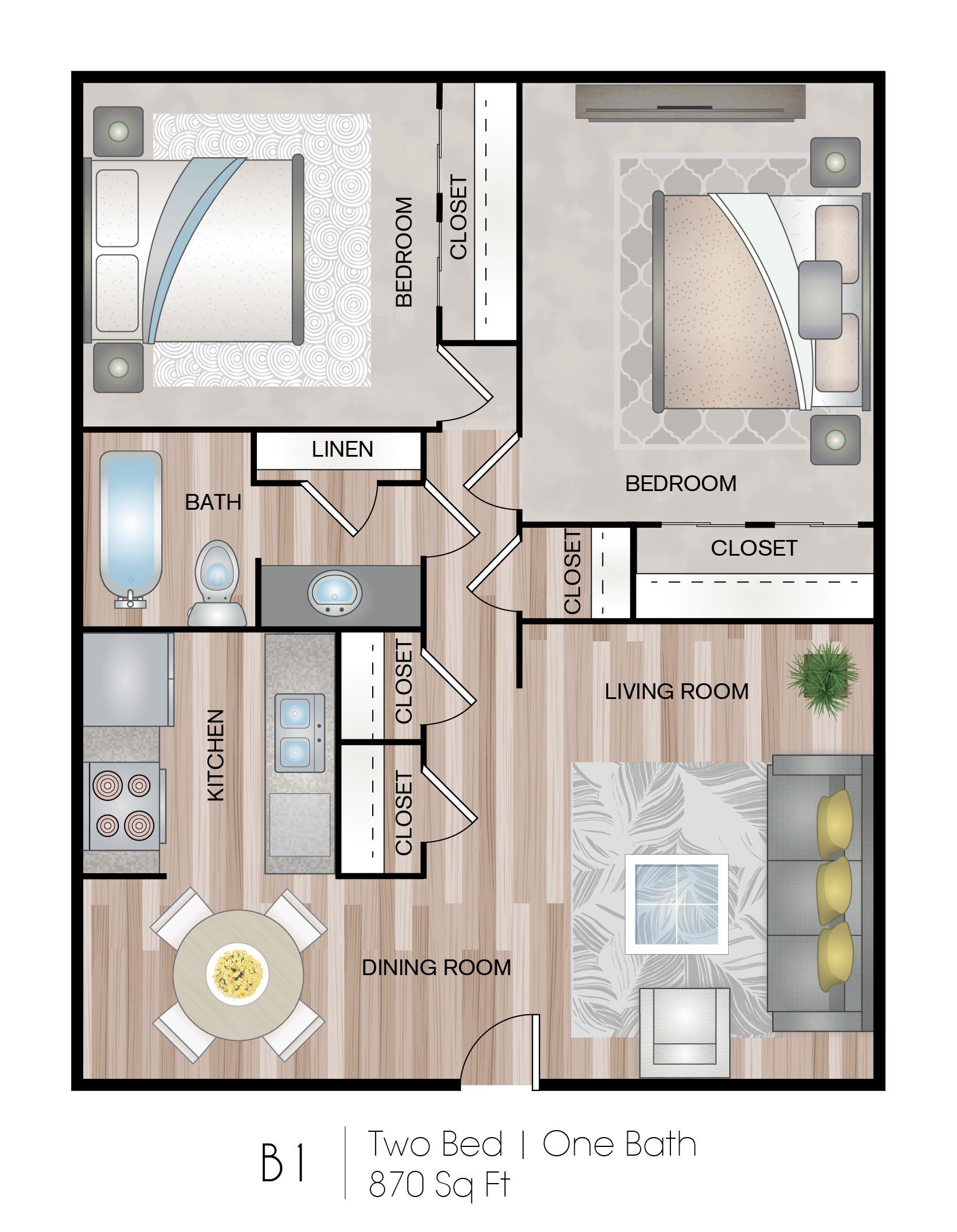 Floor plan of a one-bedroom apartment with a living room, dining area, kitchen, and bathroom.