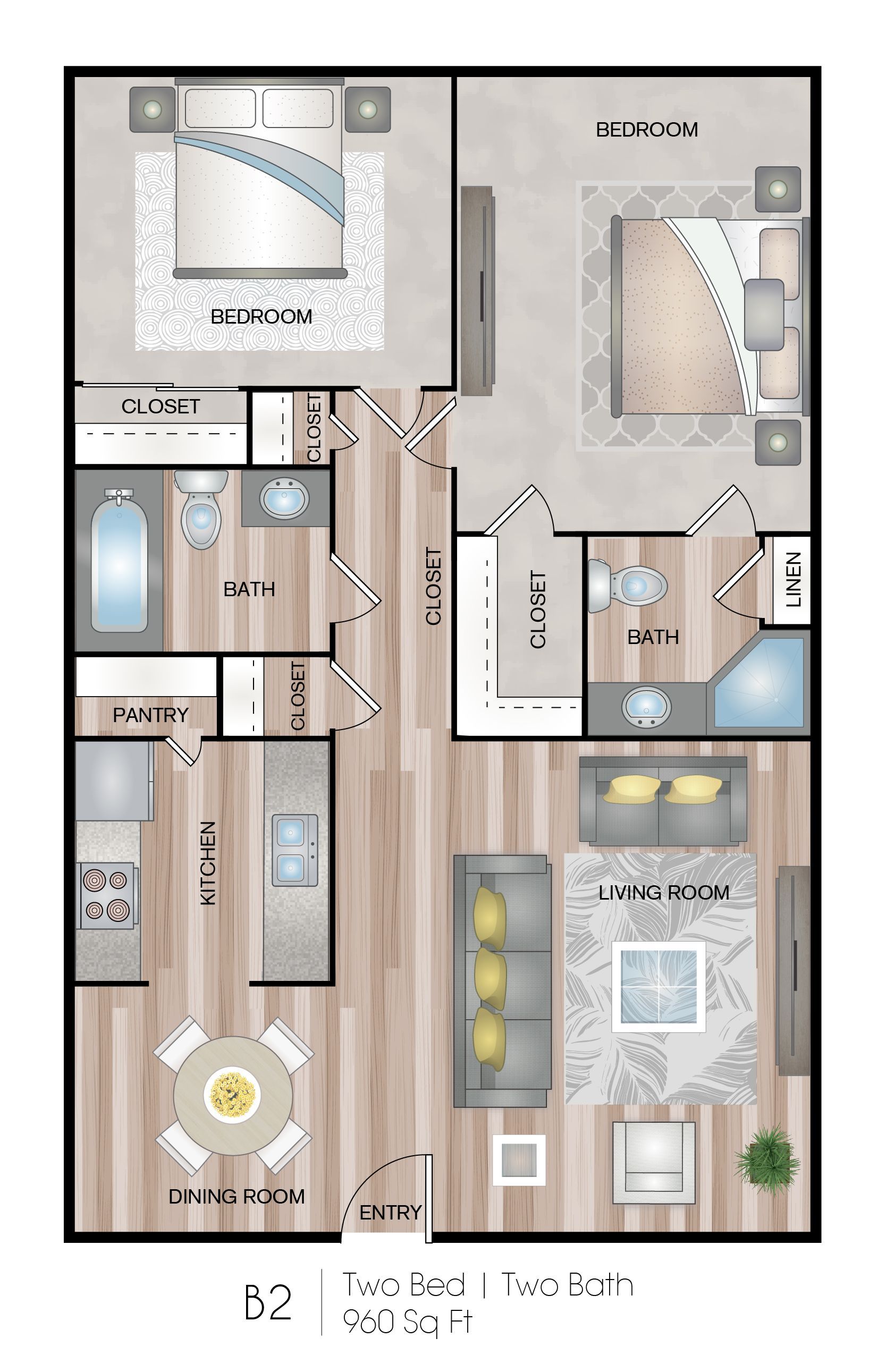 Floor plan of a two-bedroom apartment. Includes bedrooms, bathrooms, kitchen, dining area, and living room.