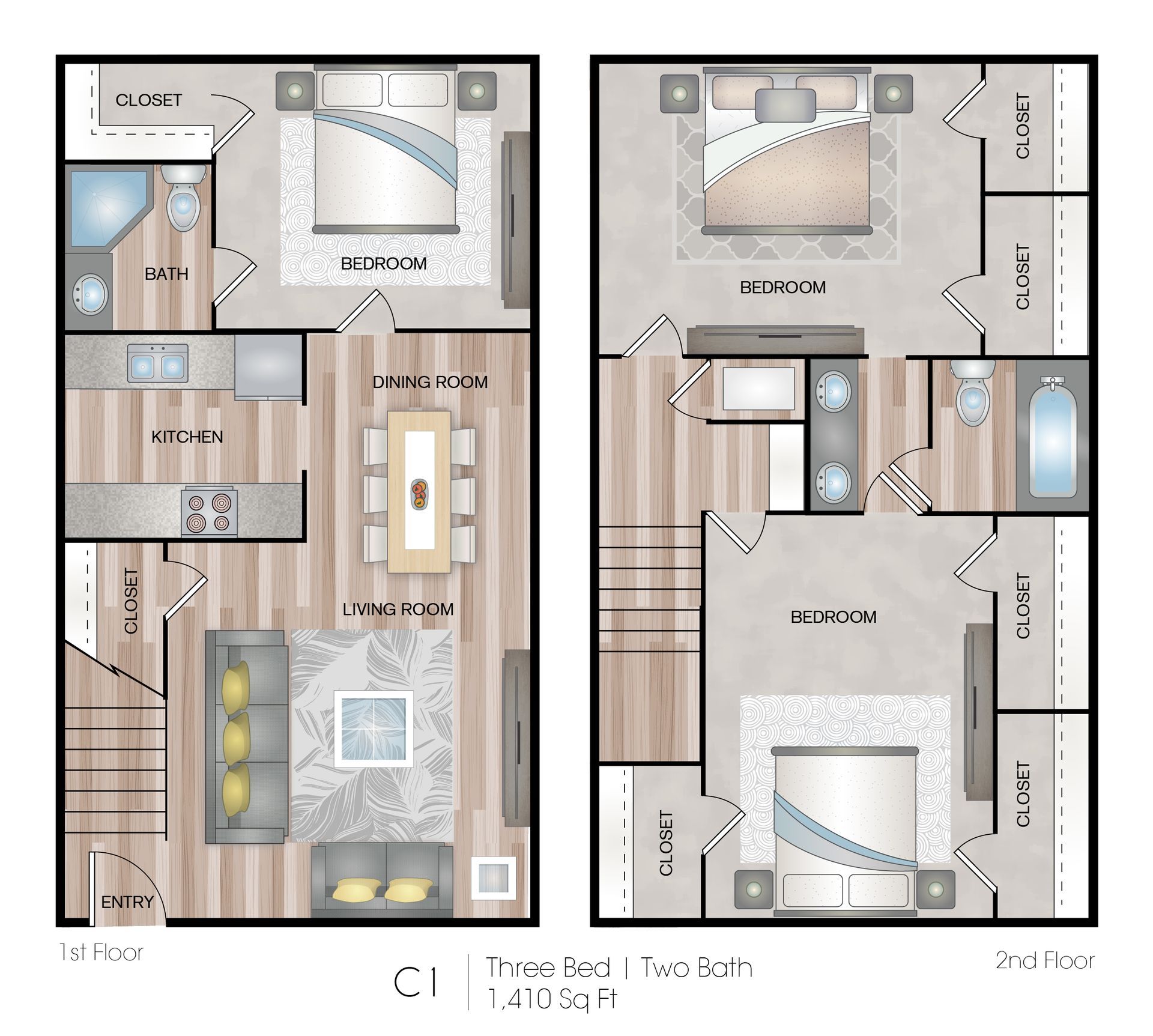 Floor plan of a two-story townhome, labeled 