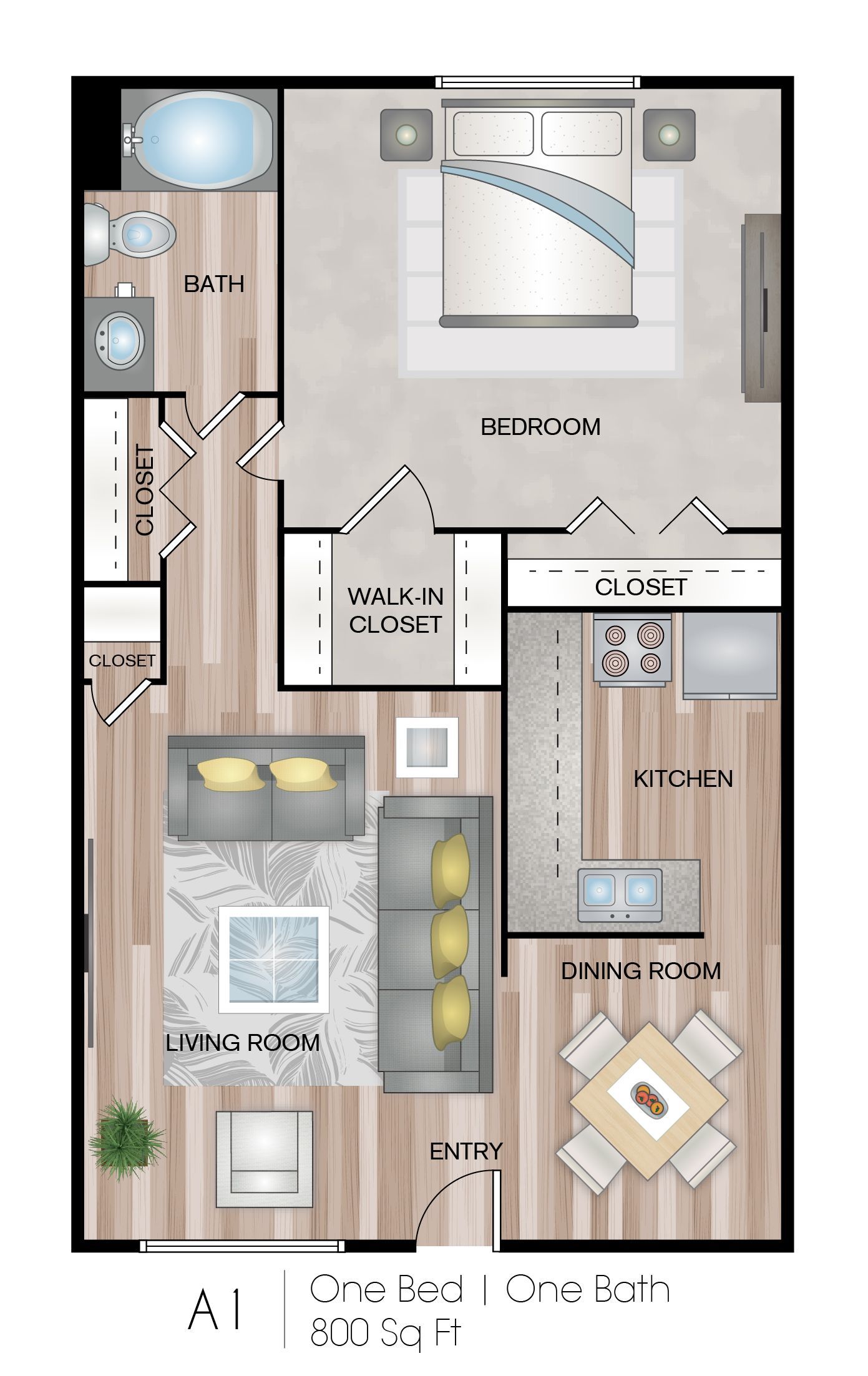 Floor plan of a one-bedroom apartment with a living room, kitchen, dining area, and bedroom.