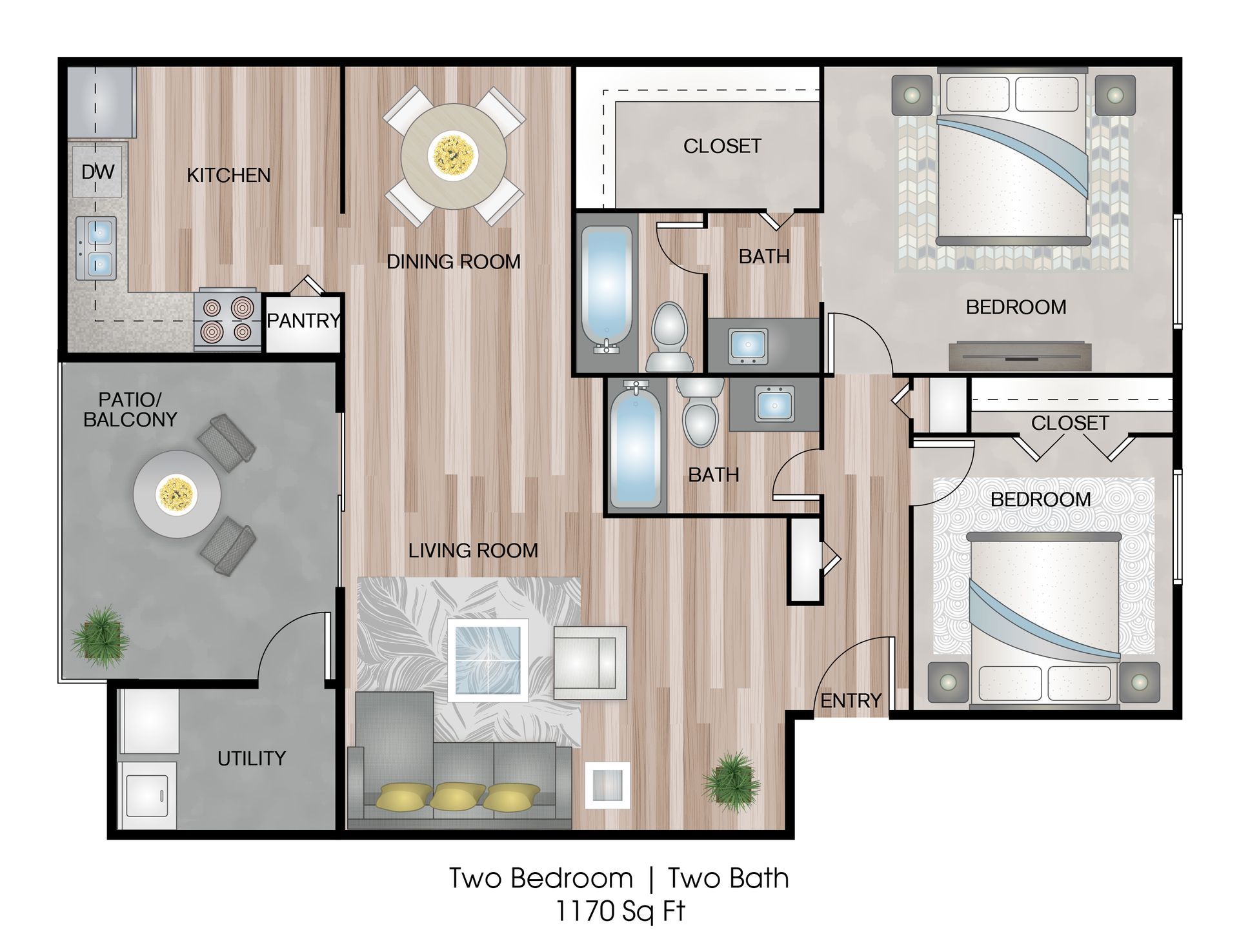 Floor plan of a two-bedroom, two-bath apartment with kitchen, dining, living, and utility areas.