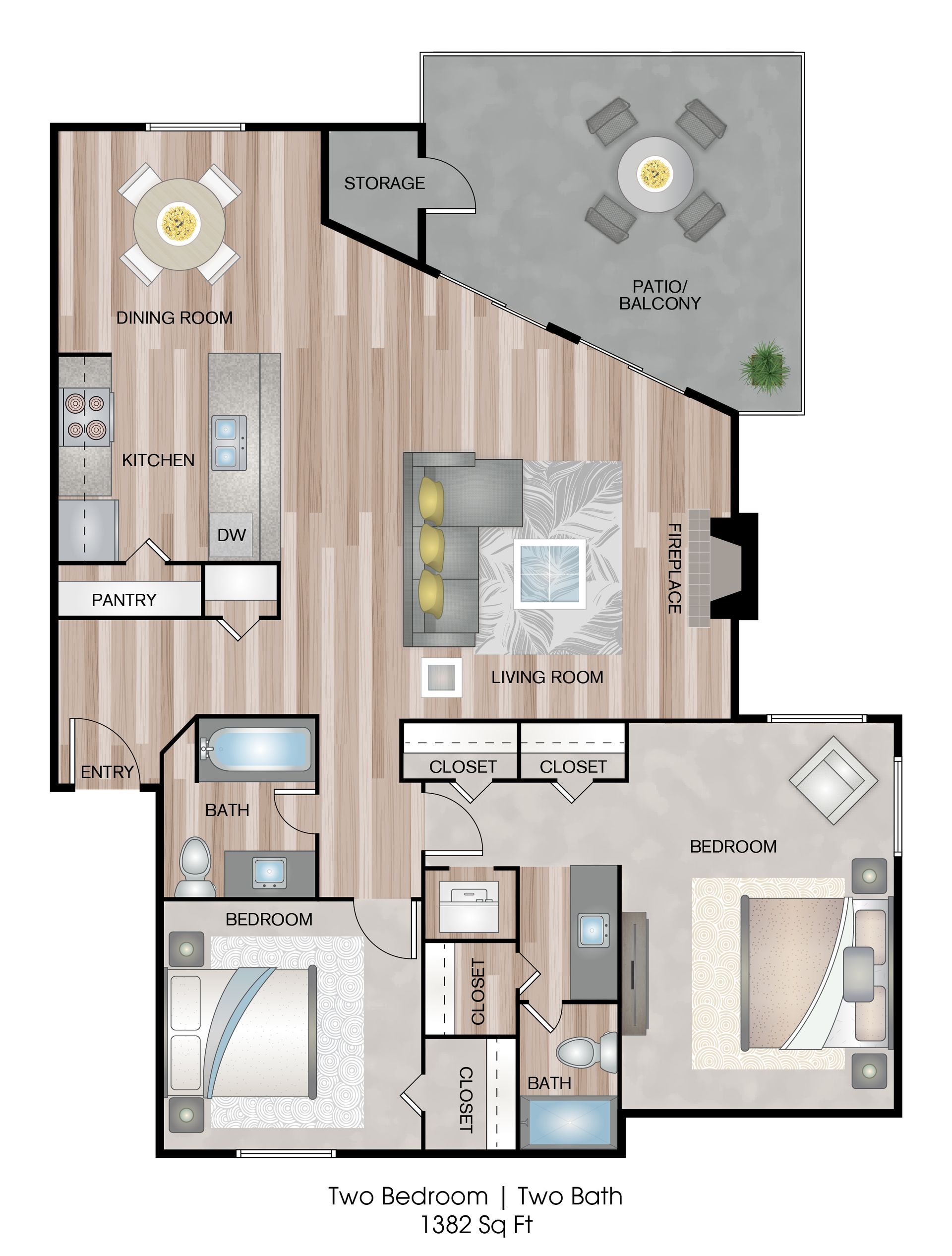 Floor plan of a two-bedroom apartment with a patio, kitchen, living room, and dining area.