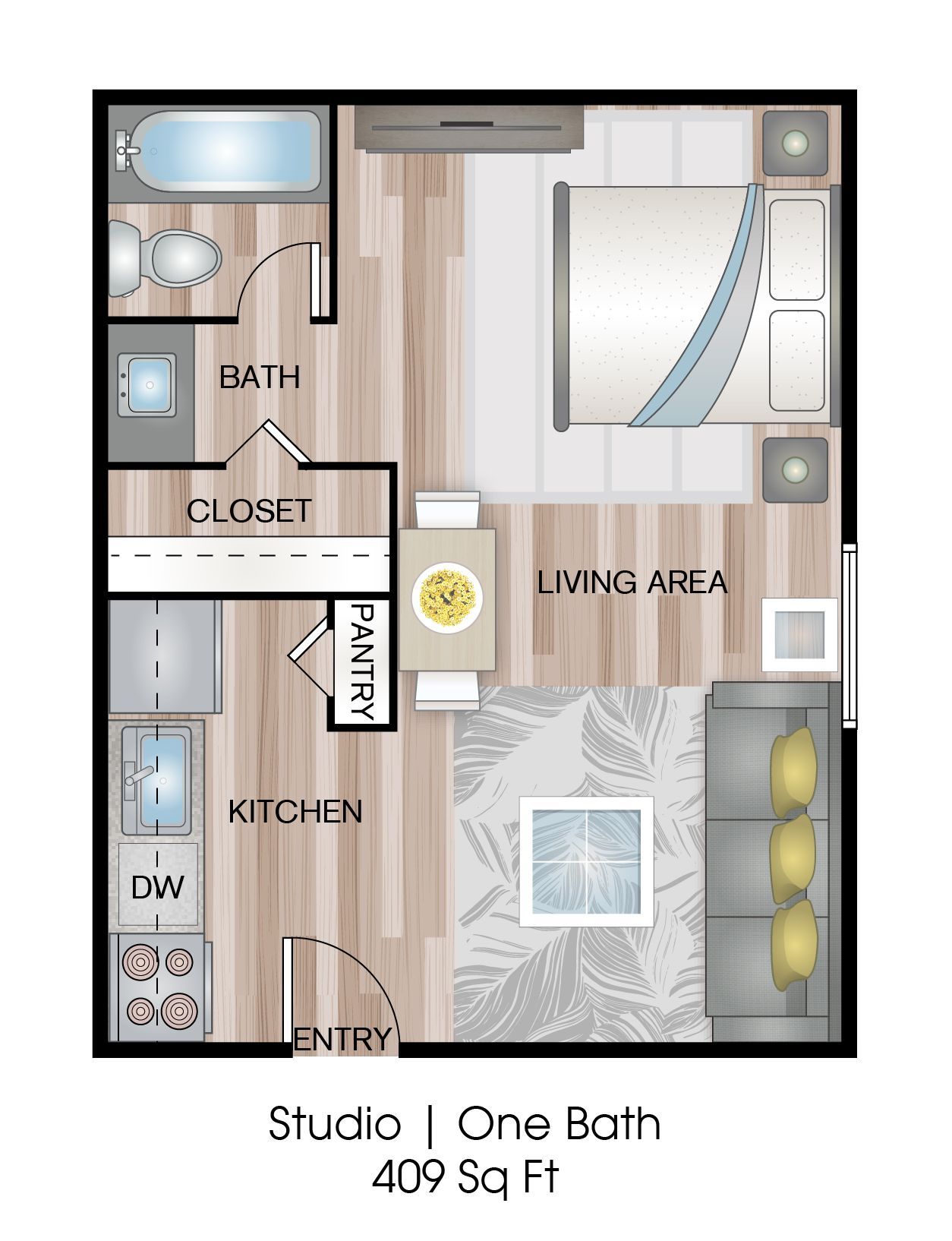 Floor plan of a studio apartment, 409 sq ft, with a bathroom, closet, kitchen, and living area.