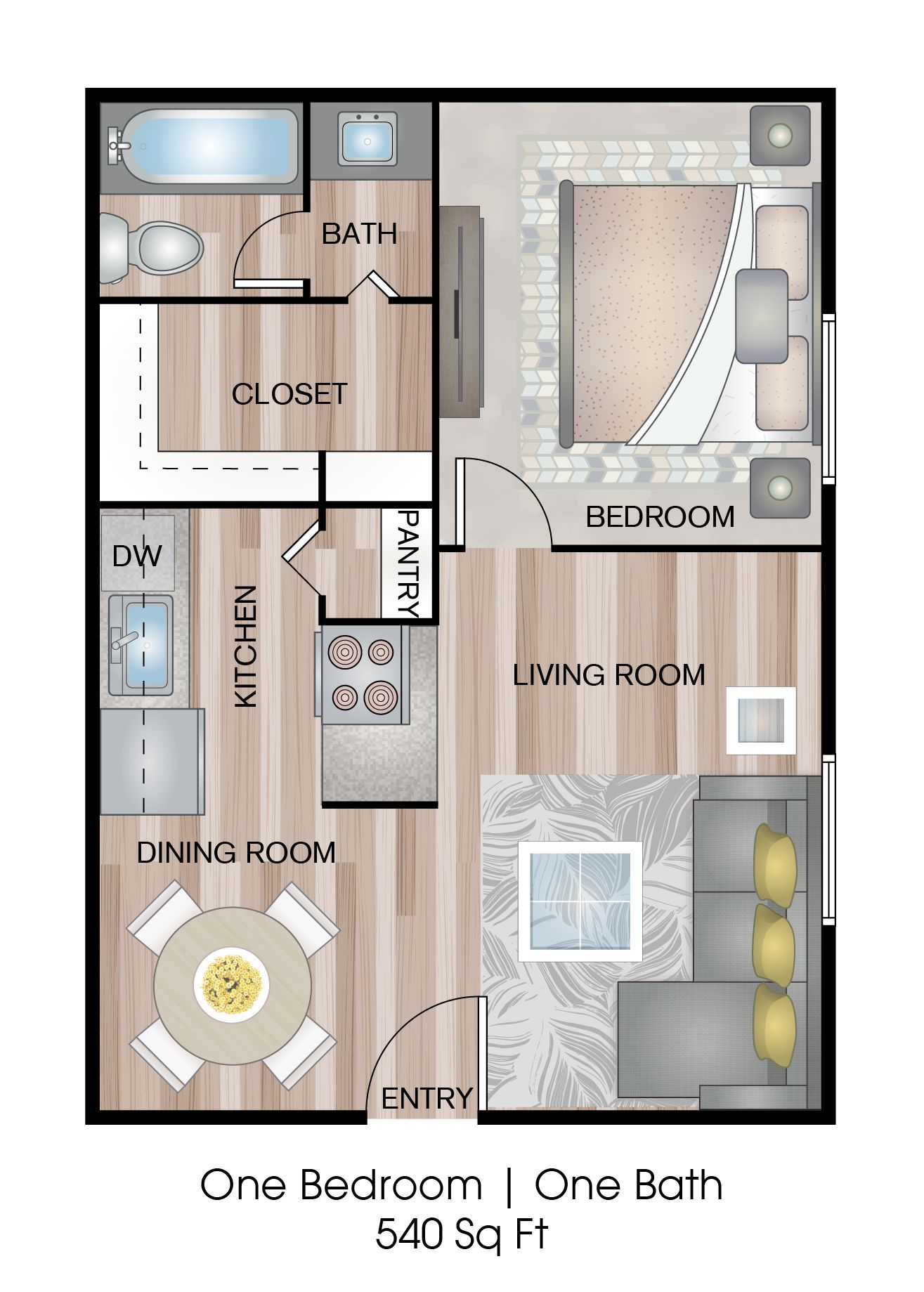 Floor plan of a one-bedroom apartment with kitchen, dining, living, and bedroom areas.