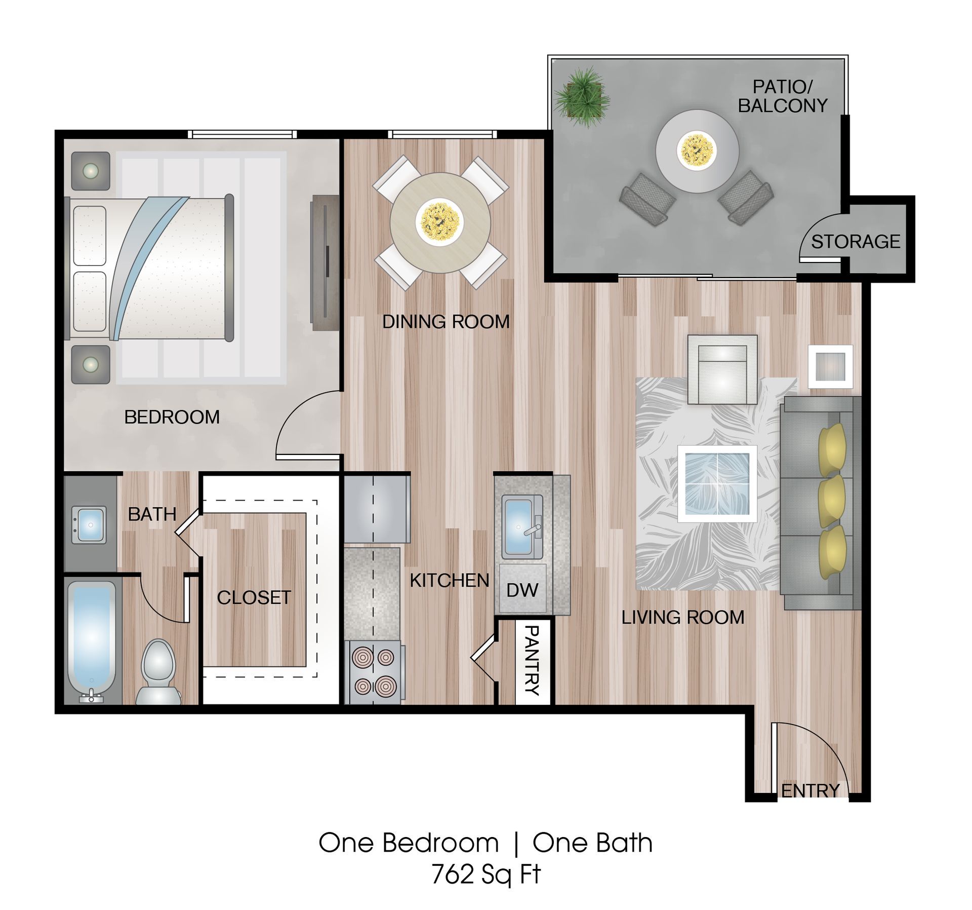 Floor plan of a one-bedroom apartment with a bedroom, bath, kitchen, living room, dining room, and balcony.