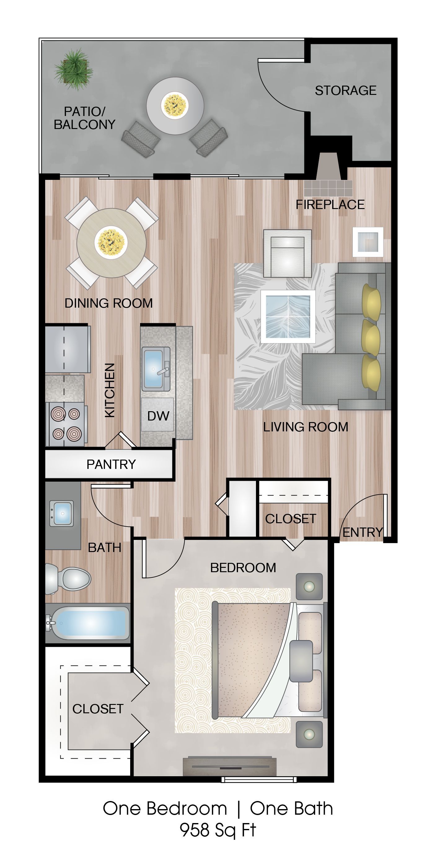 Floor plan of a one-bedroom apartment with a patio, kitchen, living area, and bathroom; 565 sq ft.
