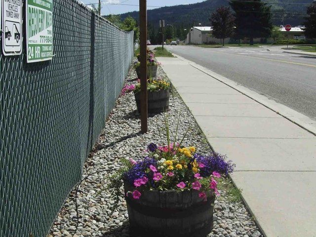 Wooden barrel planters with colorful flowers line a sidewalk next to a chain link fence.