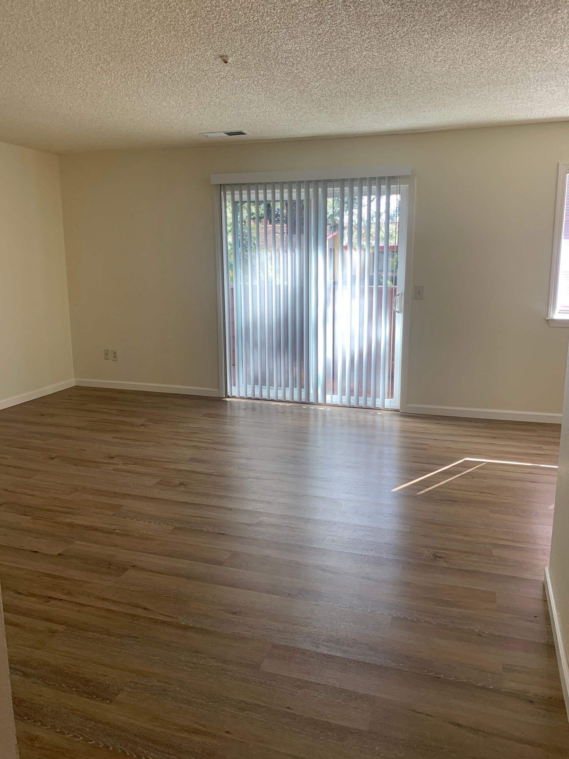 Empty living room with wood-look flooring, beige walls, and a sliding glass door with vertical blinds.