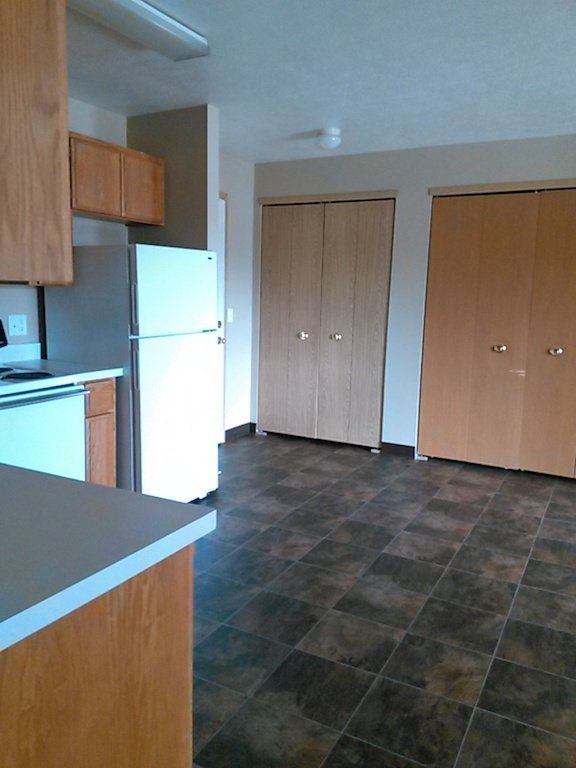Kitchen with refrigerator, cabinets, and two closed, light brown closets. Brown tile floor.