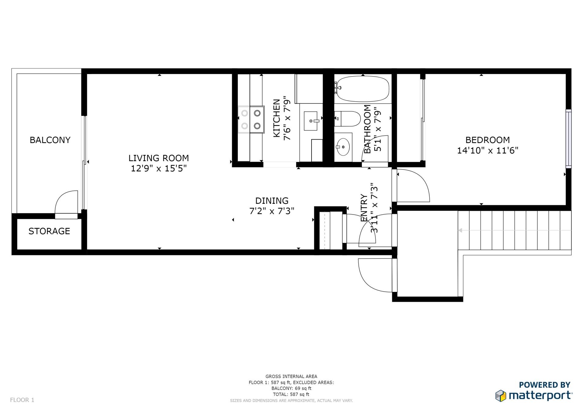 Floor plan of an apartment with a balcony, living room, kitchen, dining area, bedroom, and bathroom.