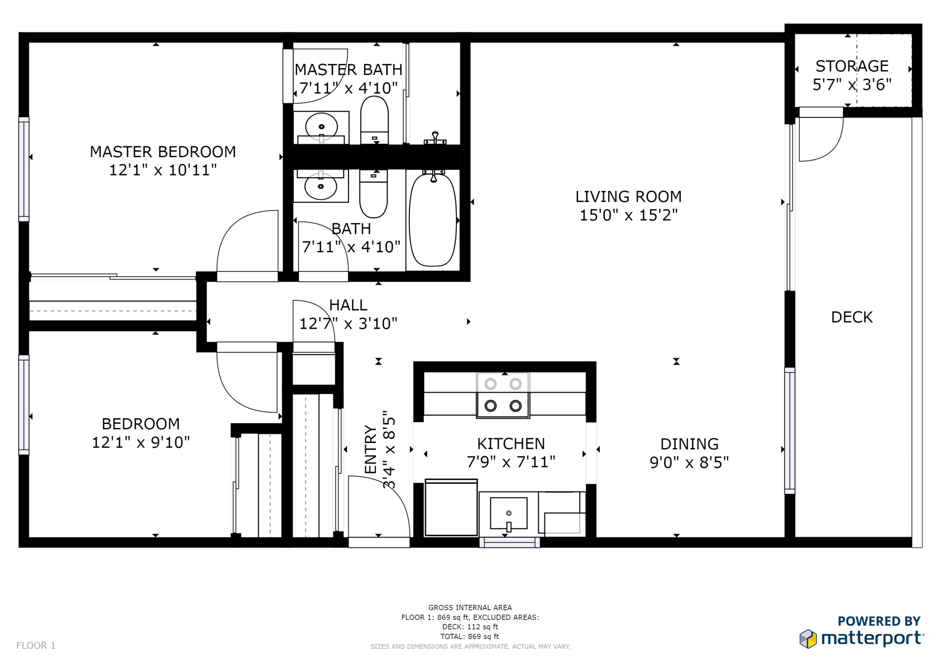 Floor plan of an apartment, showing rooms like bedrooms, kitchen, bathroom, and deck.