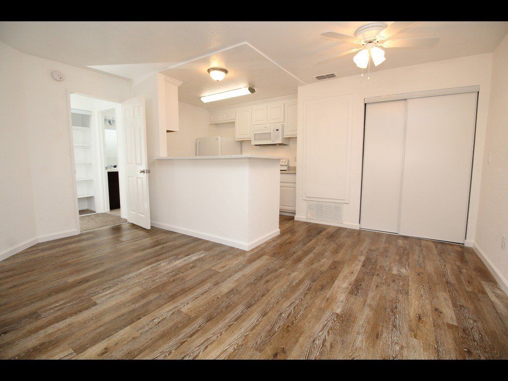 Interior view of a white-walled apartment with wood-look flooring, kitchen, and closet.