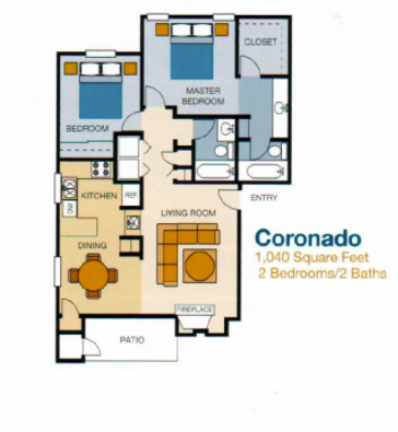 Floor plan of a Coronado apartment with two bedrooms, two baths, a living room, dining room, kitchen, and patio; 1,040 square feet.
