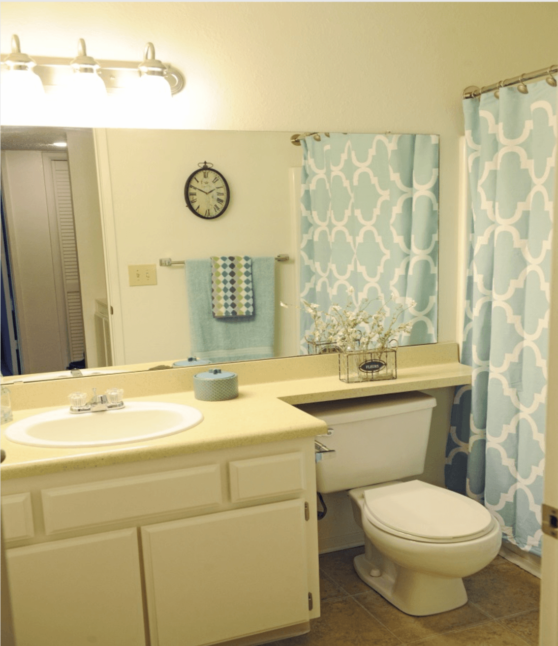 Bathroom with white vanity, toilet, and teal patterned shower curtain.