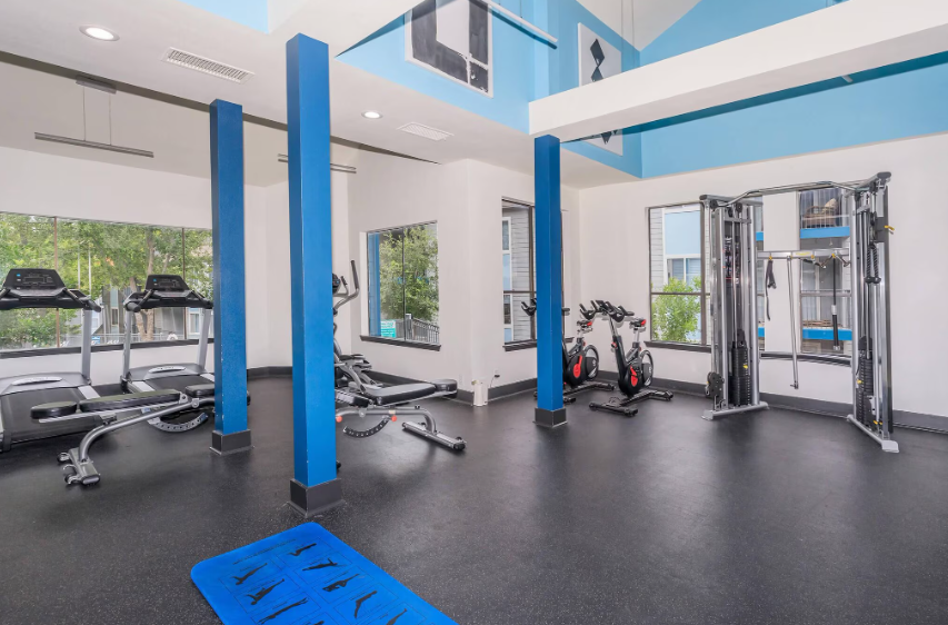Gym with treadmills, elliptical, weights, and blue accents. Dark floor, large windows.