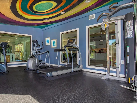Gym with treadmills, elliptical, weights, and a colorful, swirling ceiling design.