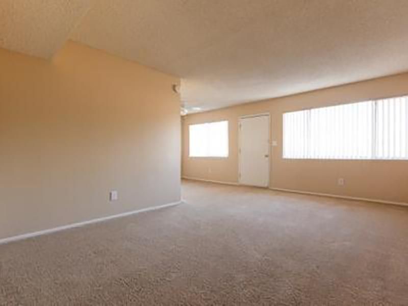 Empty living room with beige walls and carpet, windows with blinds, and a white door.