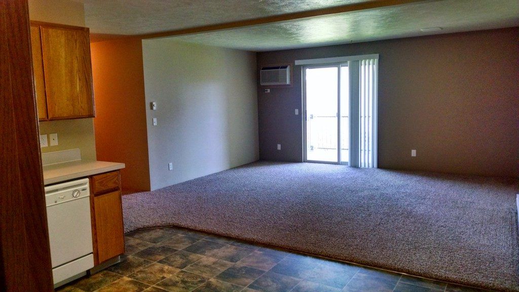 Interior view of an apartment: kitchen with dishwasher and cabinets, open to a living room with sliding door.
