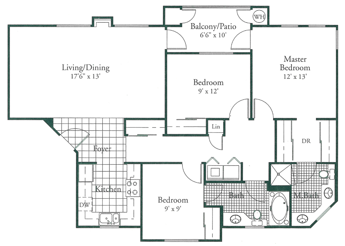 Floor plan of a two-bedroom apartment, labeling rooms: living/dining, kitchen, bedrooms, bathroom, and balcony.