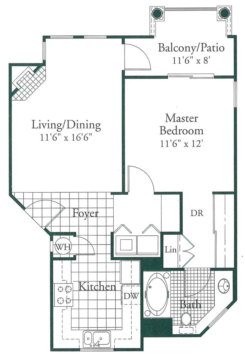 Floor plan of an apartment: living/dining, kitchen, foyer, master bedroom, and balcony/patio.