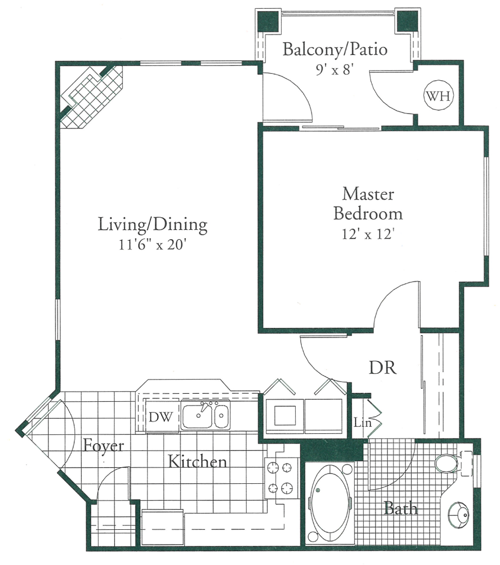 Floor plan of an apartment with a living/dining area, kitchen, bedroom, balcony, and bathroom.
