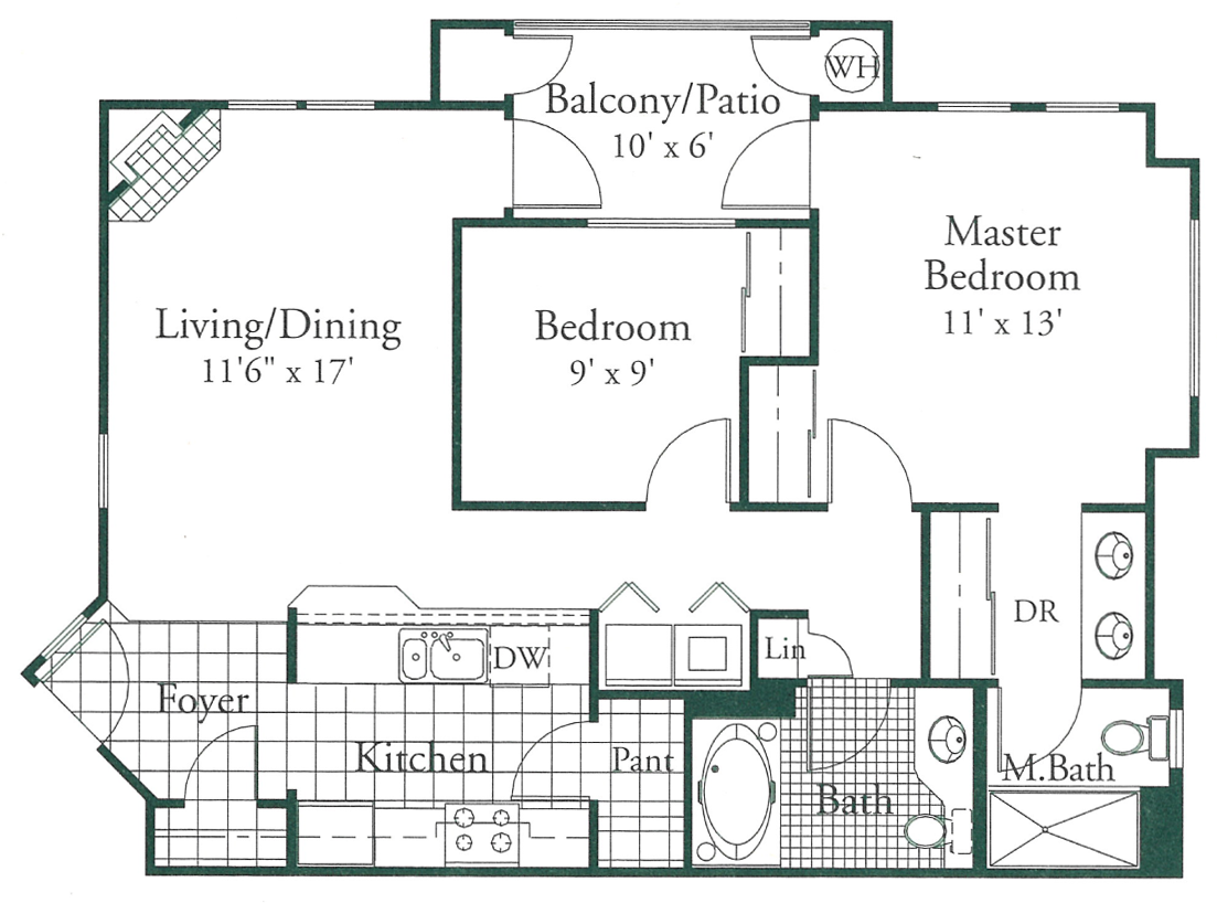 Floor plan of an apartment with a living/dining area, two bedrooms, kitchen, and balcony.