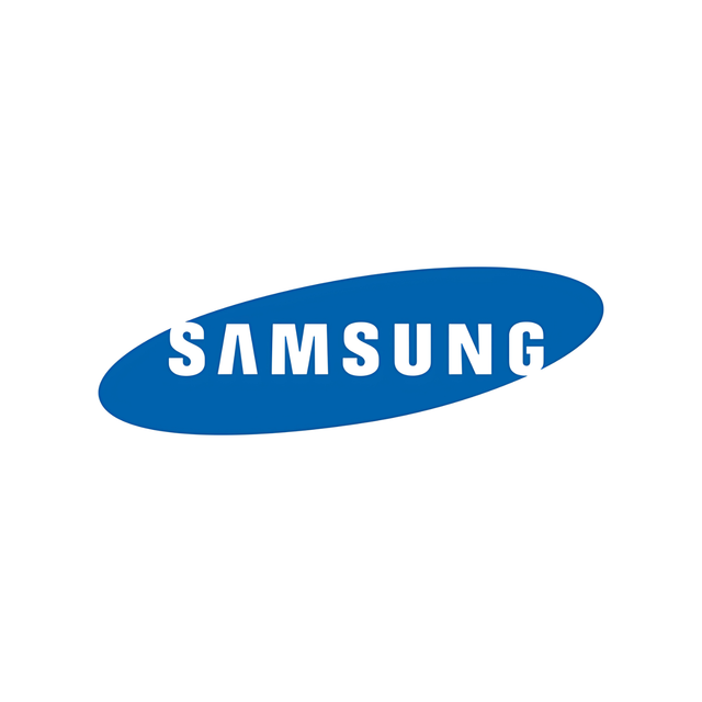 The samsung logo is blue and white on a white background.