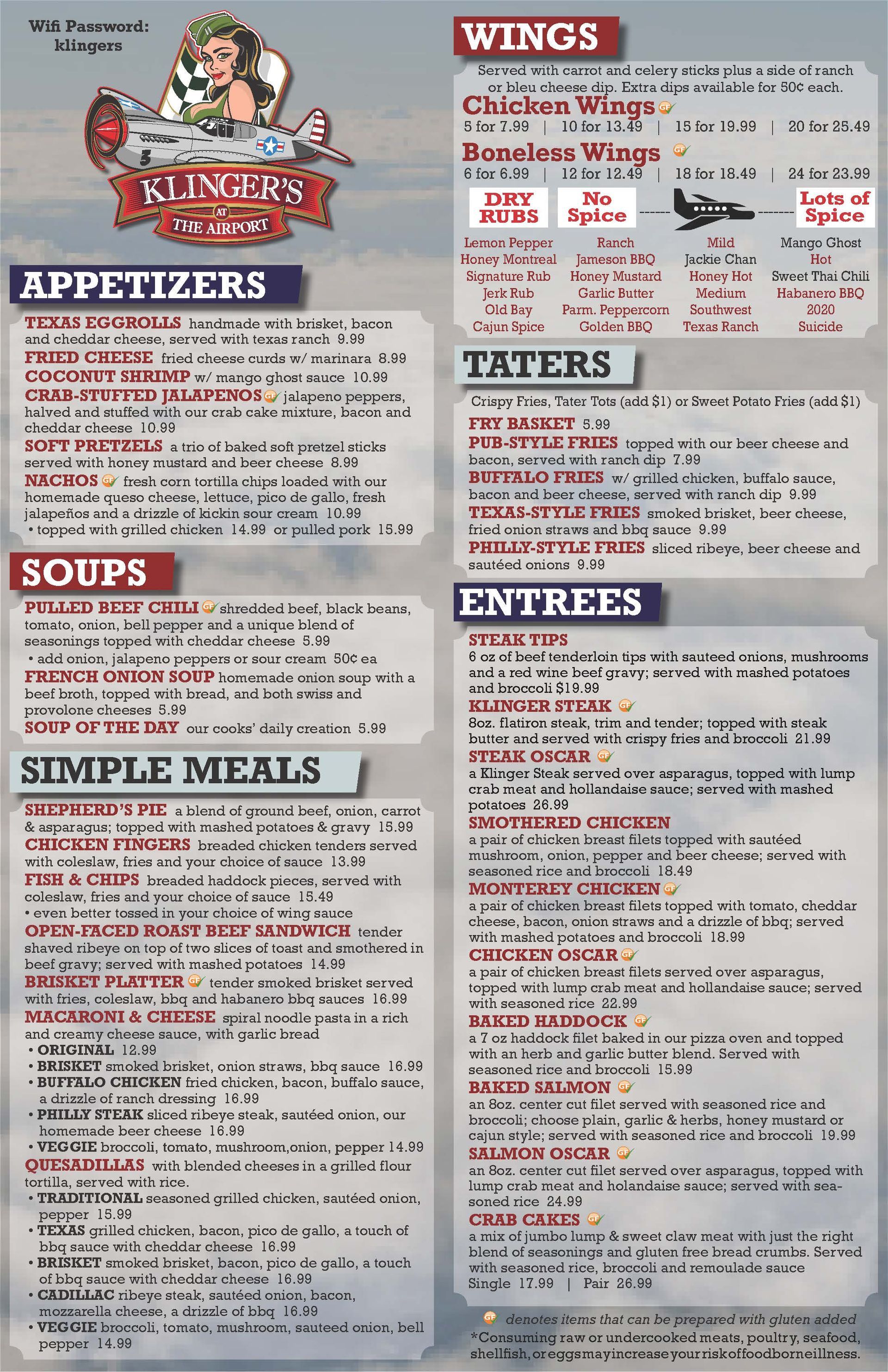 Klingers at the Airport Menu Page 1