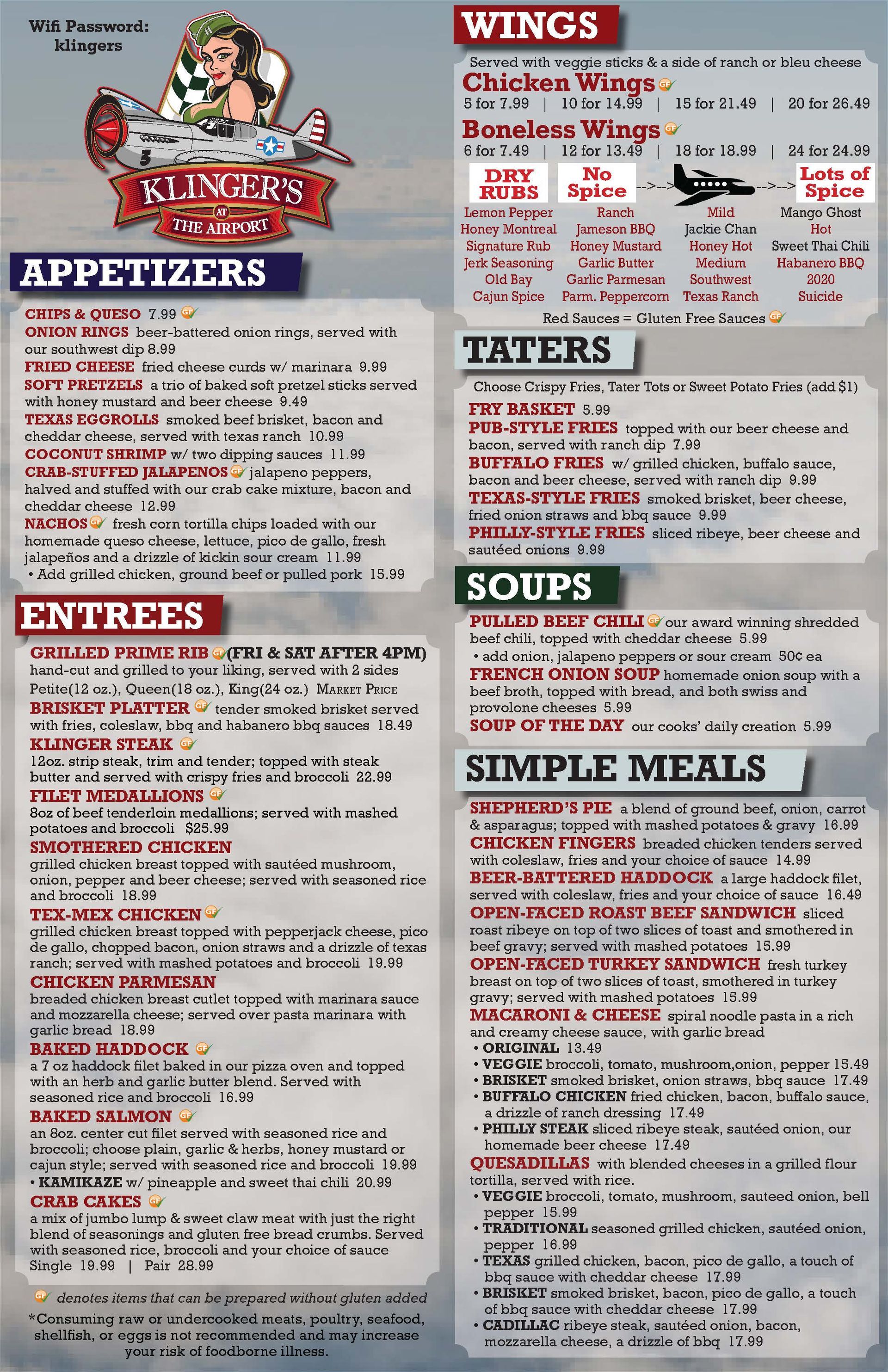 Klingers at the Airport Menu Page 1