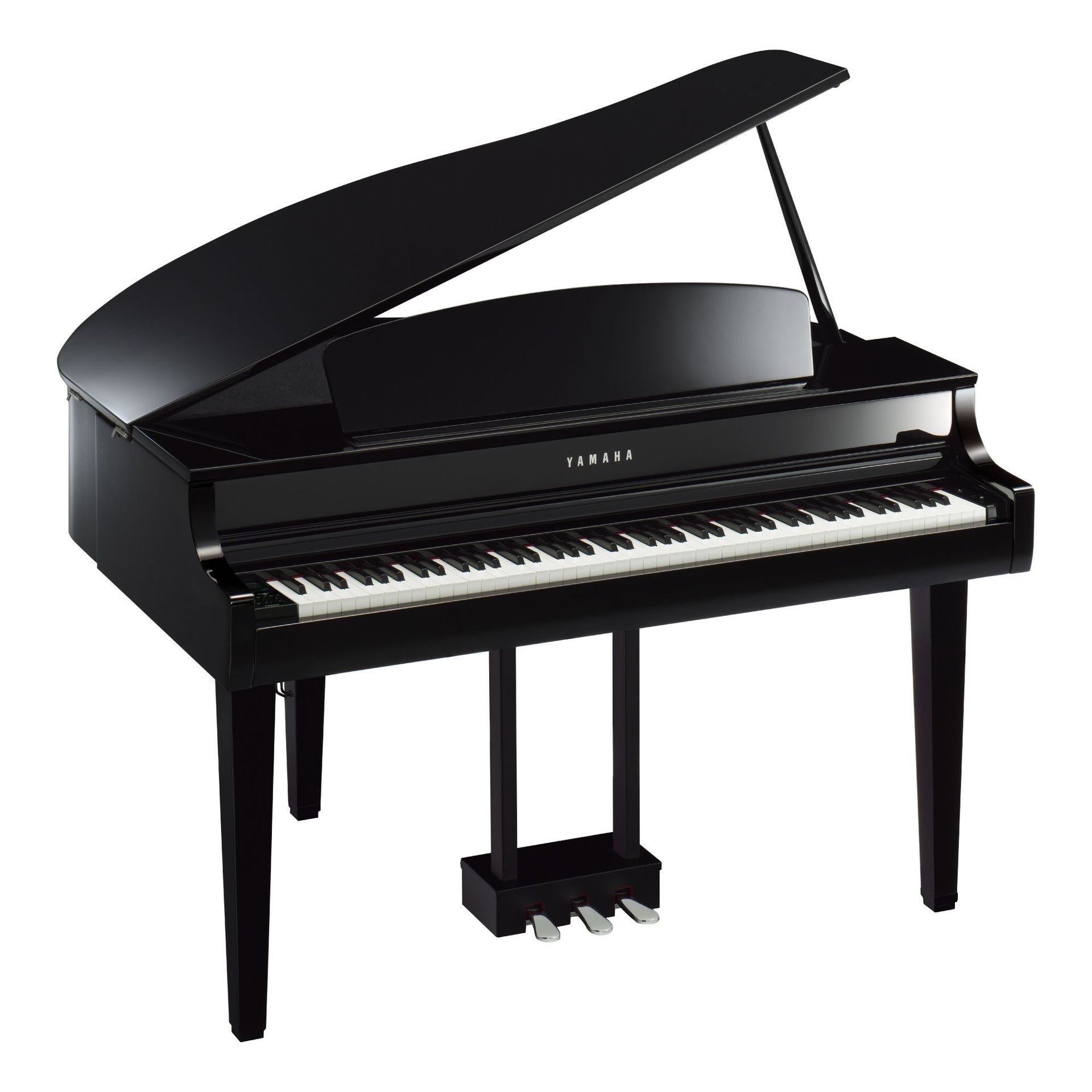 A black grand piano with the lid open on a white background.