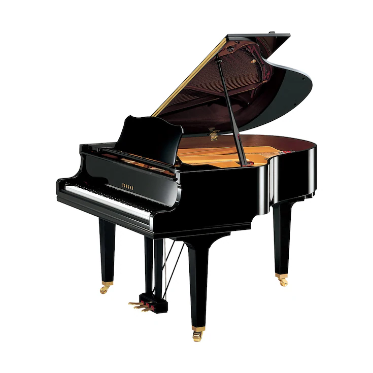 A black grand piano with the lid open on a white background.