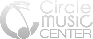 A logo for the circle music center with a music note in the middle.