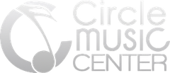 A logo for the circle music center with a music note in the middle.