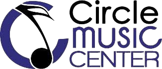 A logo for the circle music center with a music note in the middle.