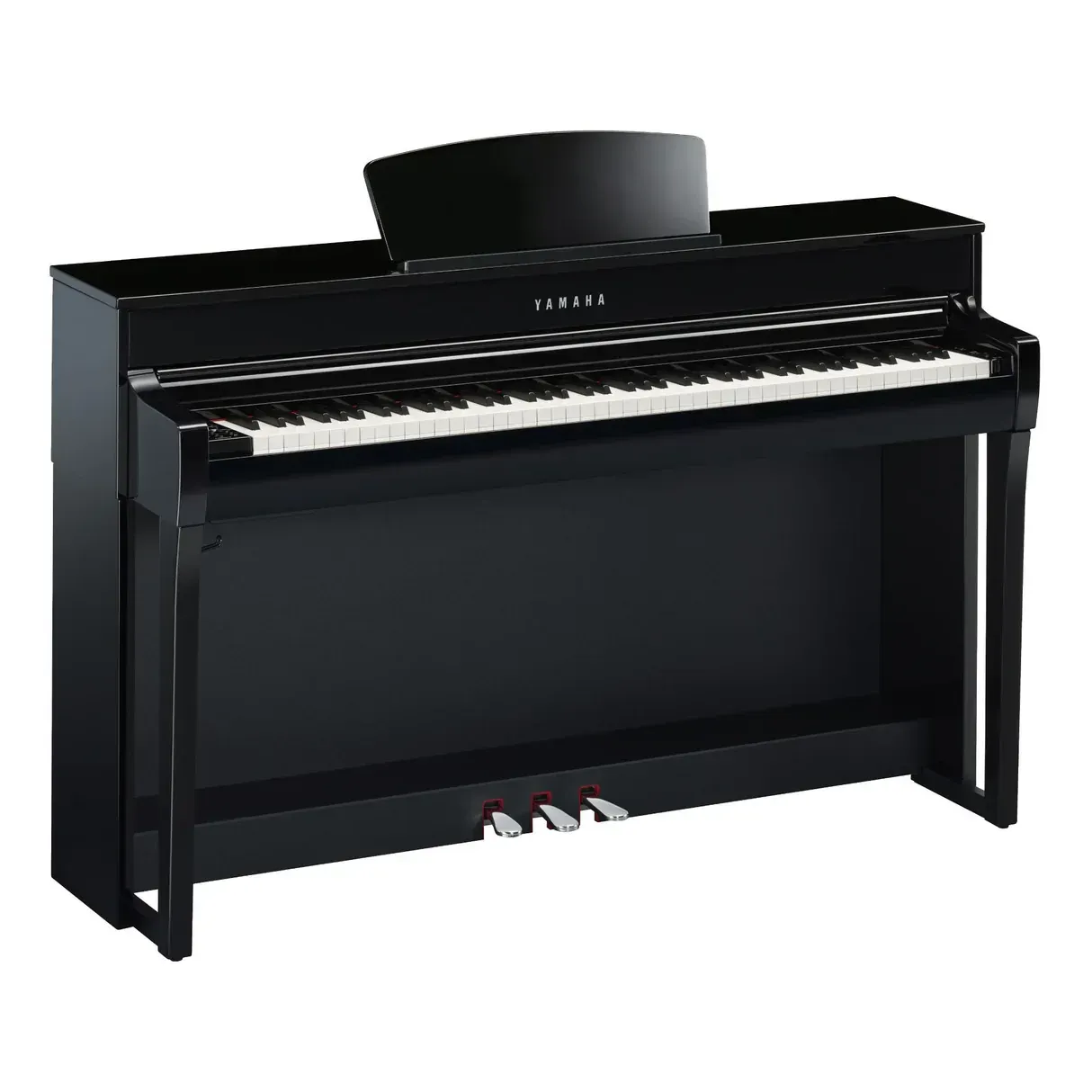A black piano with white keys on a white background.