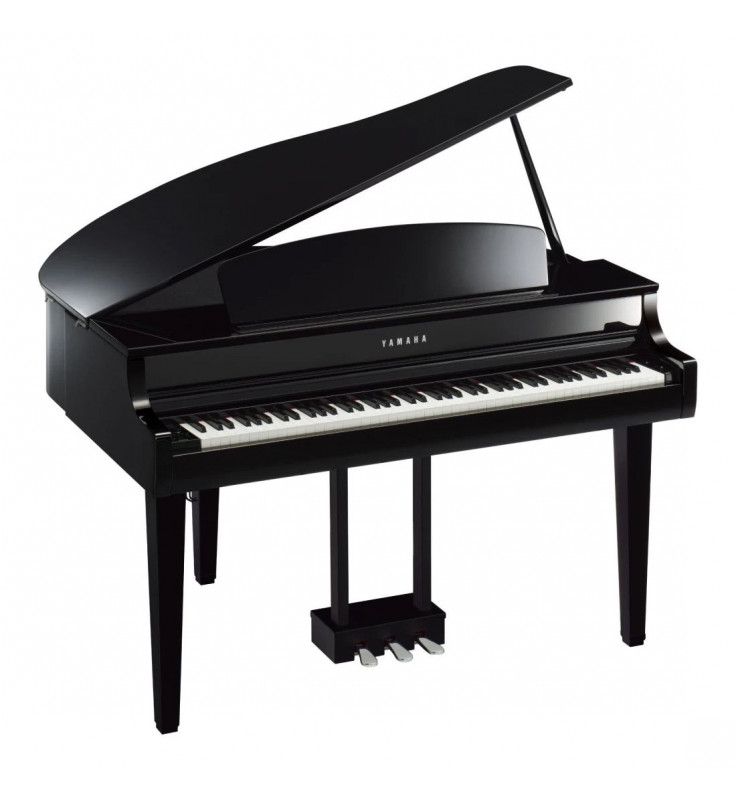 A black grand piano with the lid open on a white background