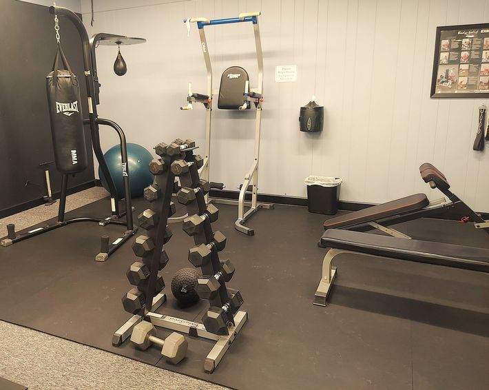 A gym with a lot of dumbbells and a boxing bag