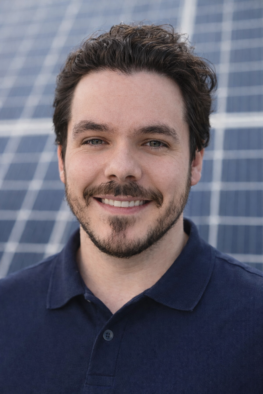 A smiling person wearing a dark blue polo shirt, positioned in front of solar panels.