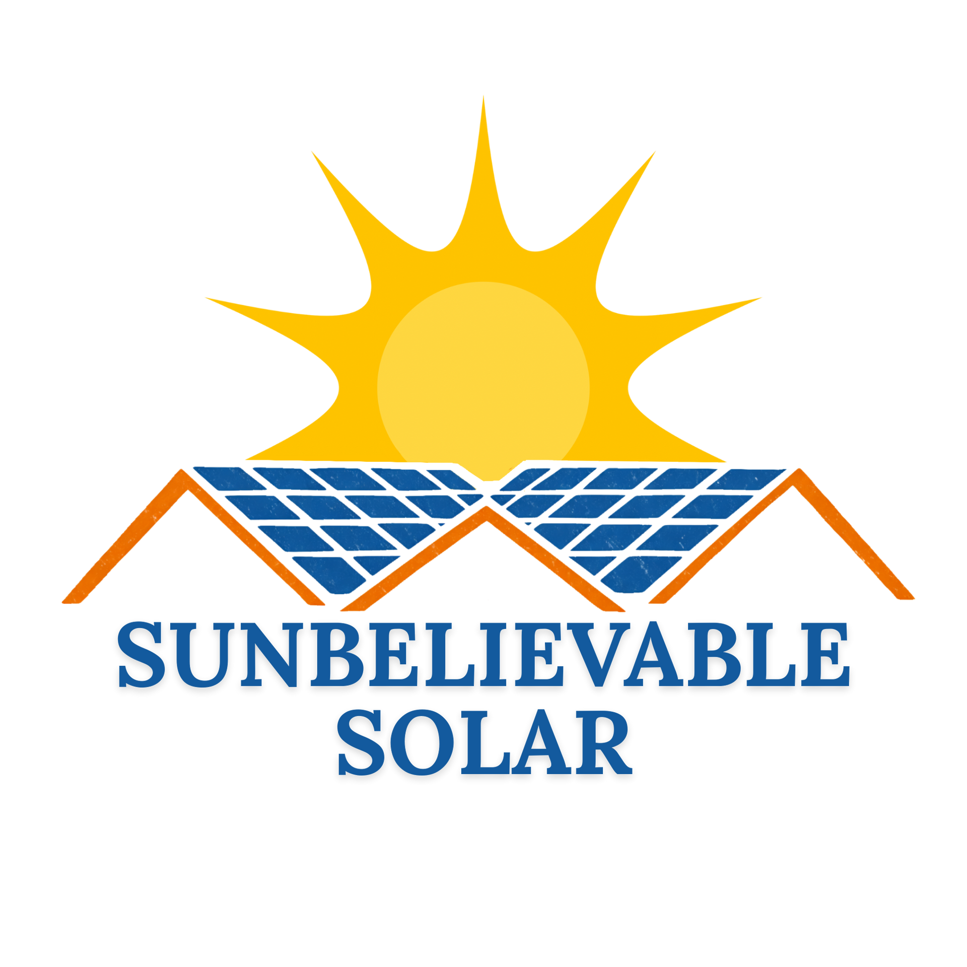 Logo for Sunbelievable Solar featuring a yellow sun rising over two orange-framed houses topped with blue solar panels.