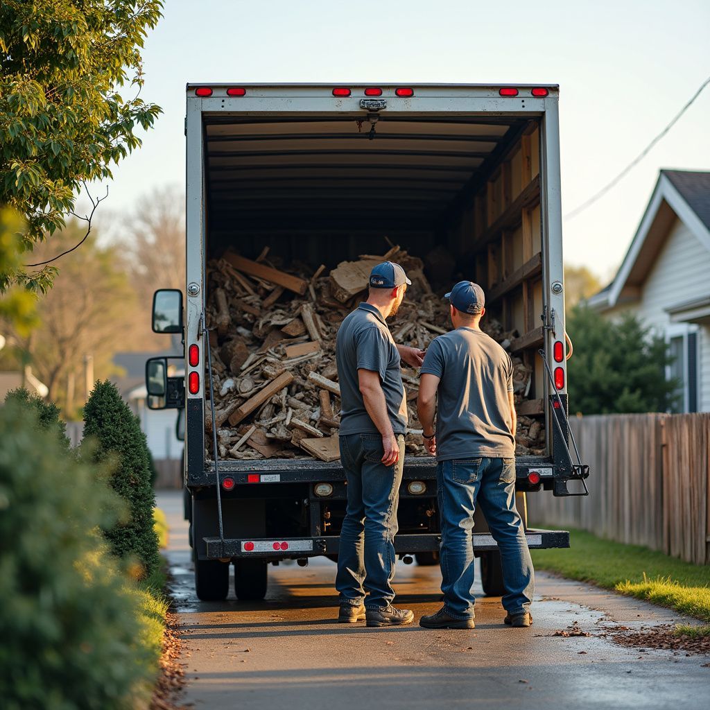 Two people standing at the back of a truck filled with construction debris, parked on a residential street.