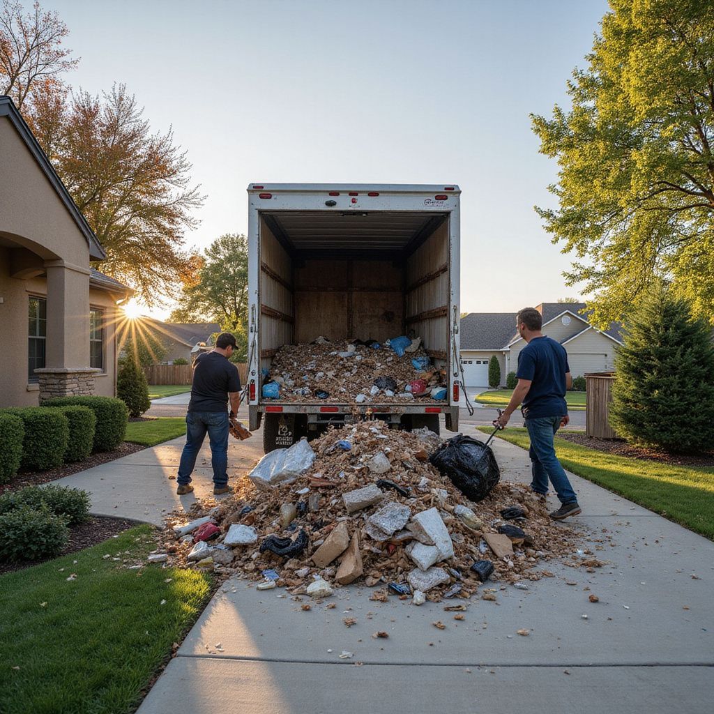 Two people unloading debris from a truck on a driveway next to a house under sunlight.