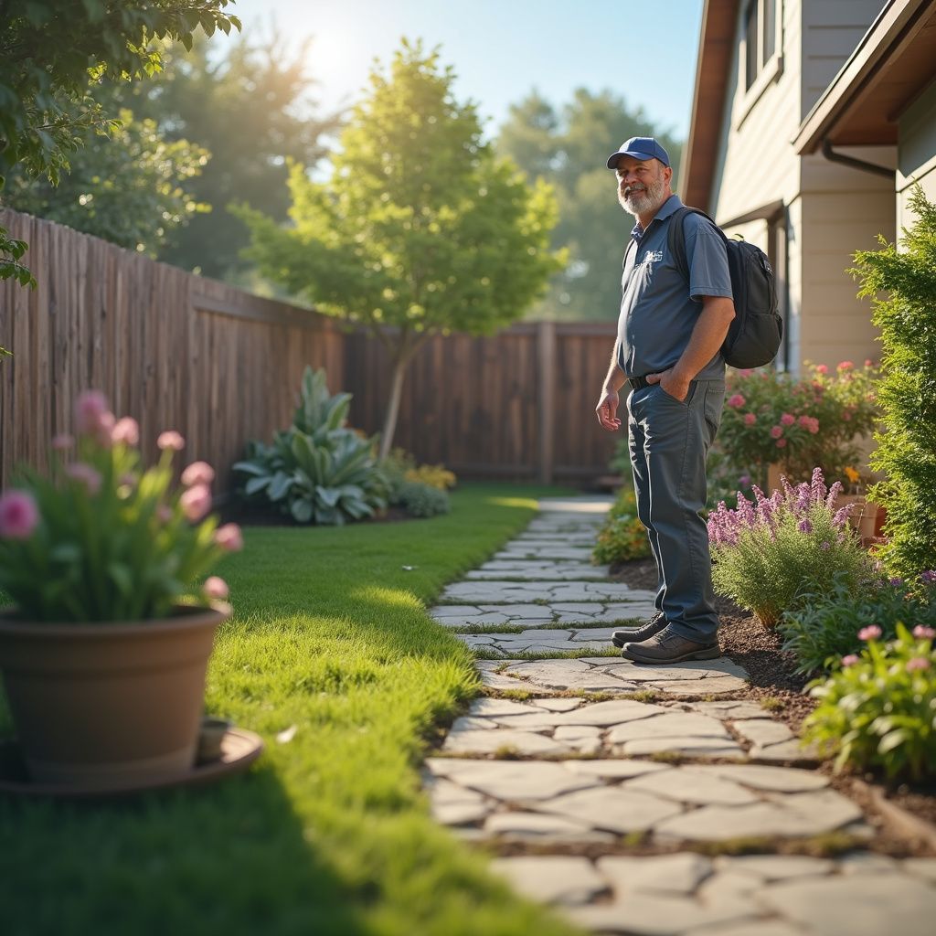 Man with backpack in yard with stone path, smiling at camera.