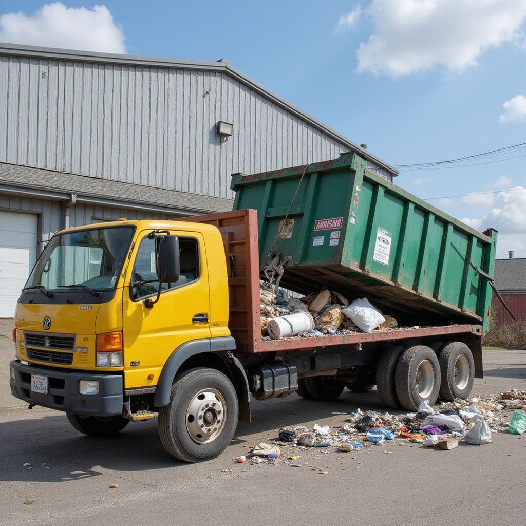 Yellow dump truck with a green dumpster, overflowing with trash, in front of a building.