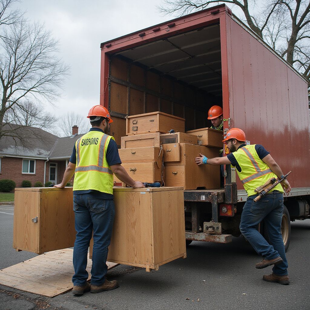 Movers loading furniture into a truck on a residential street. They wear orange hard hats and vests.