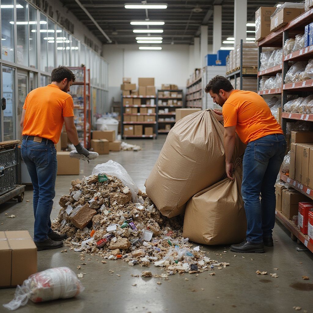 Two workers in orange shirts and jeans sorting debris in a warehouse, near shelves with boxes.