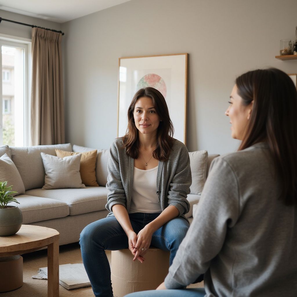 Two women in a living room, one seated on a stool, the other facing her, talking.